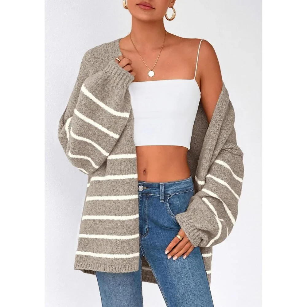 Womens Oversized Knit Cardigan Sweater Long Lantern Sleeve Lightweight